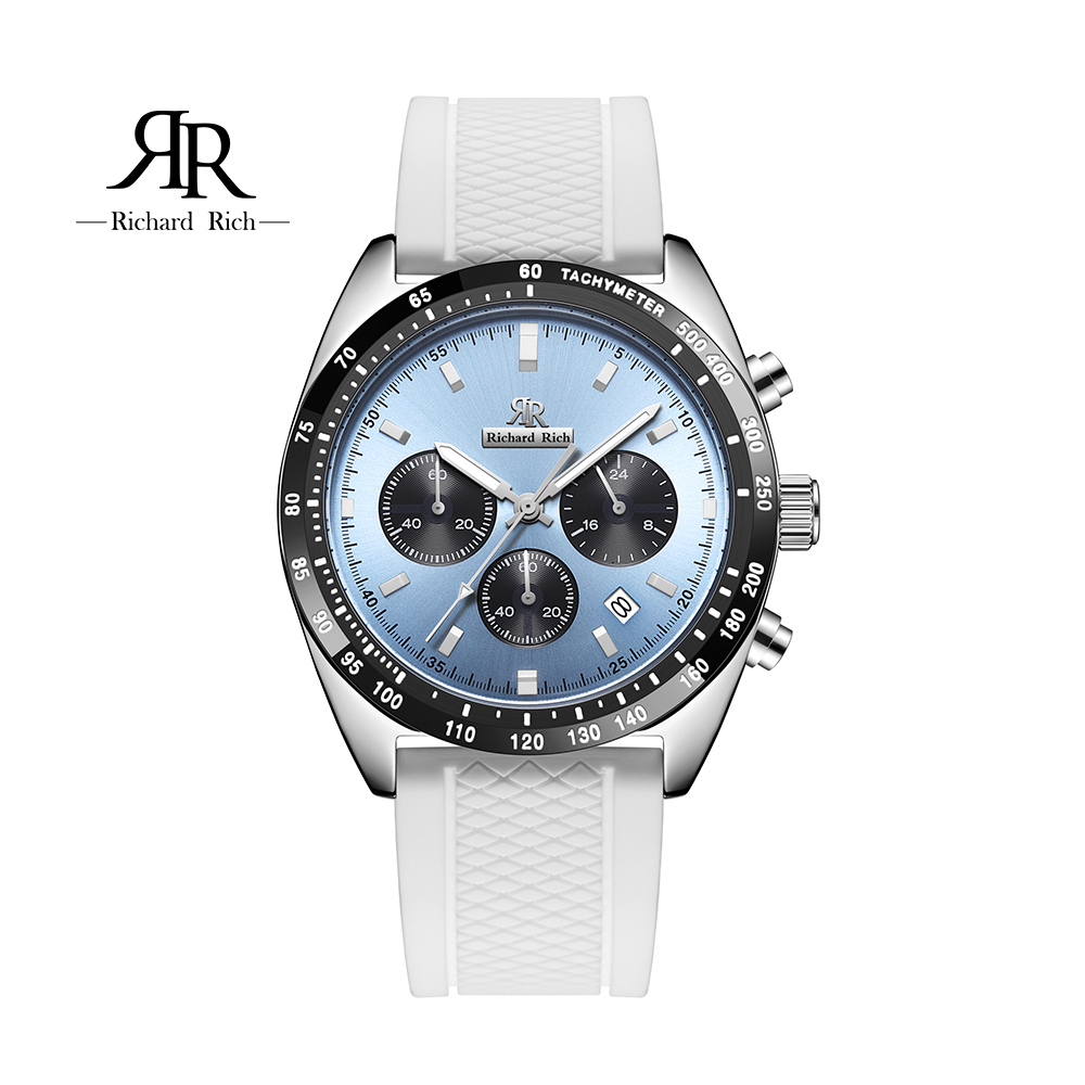 【Richard Rich】愛時 RR 星際霸主系列-銀殼藍面三眼三針陶瓷圈隕石面矽膠腕錶 RCR-19