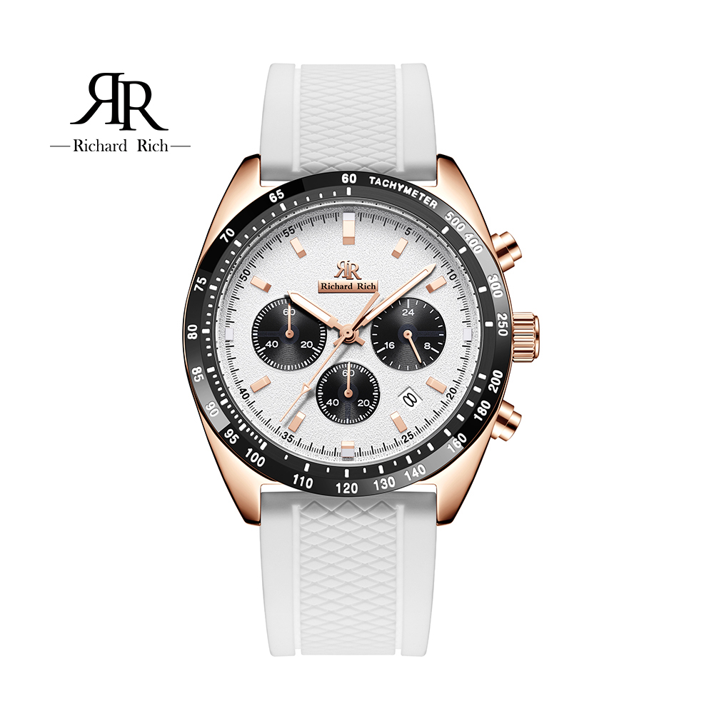 【Richard Rich】愛時 RR 星際霸主系列-玫金殼白面三眼三針陶瓷圈隕石面矽膠腕錶 RCR-19
