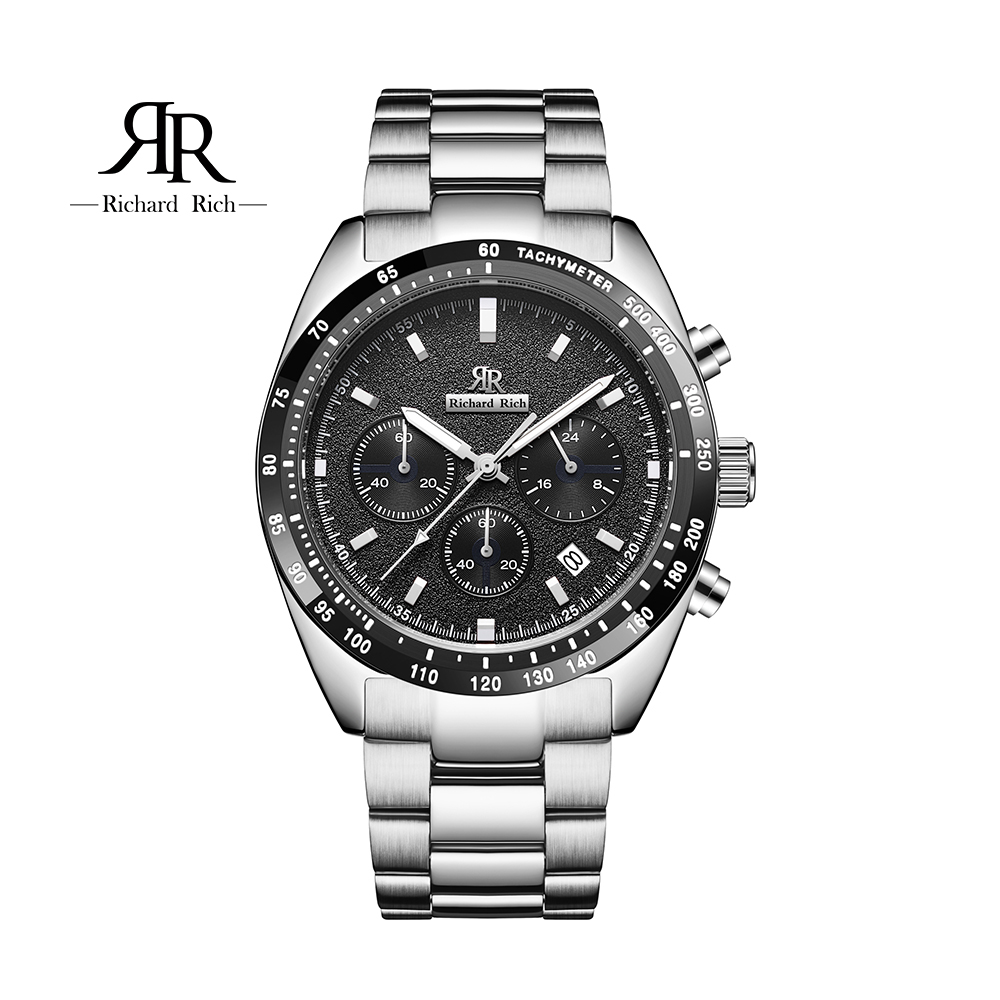 【Richard Rich】愛時 RR 星際霸主系列-銀帶黑面三眼三針陶瓷圈隕石面不鏽鋼腕錶 RCR-19