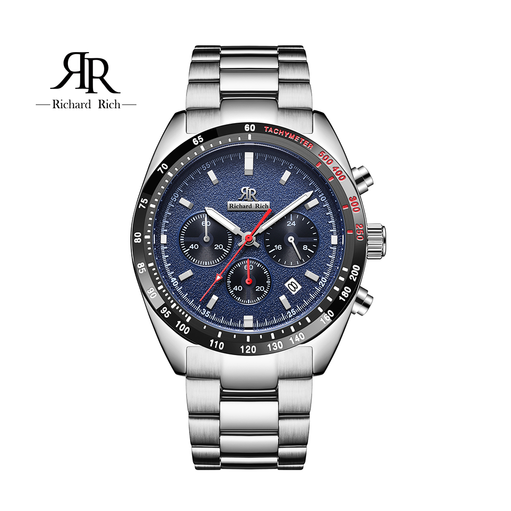 【Richard Rich】愛時 RR 星際霸主系列-銀帶藍面三眼三針陶瓷圈隕石面不鏽鋼腕錶 RCR-19
