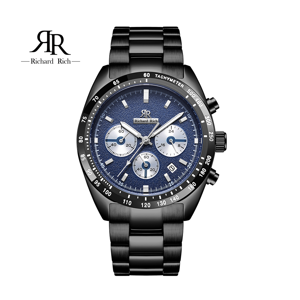 【Richard Rich】愛時 RR 星際霸主系列-黑帶藍面三眼三針陶瓷圈隕石面不鏽鋼腕錶 RCR-19
