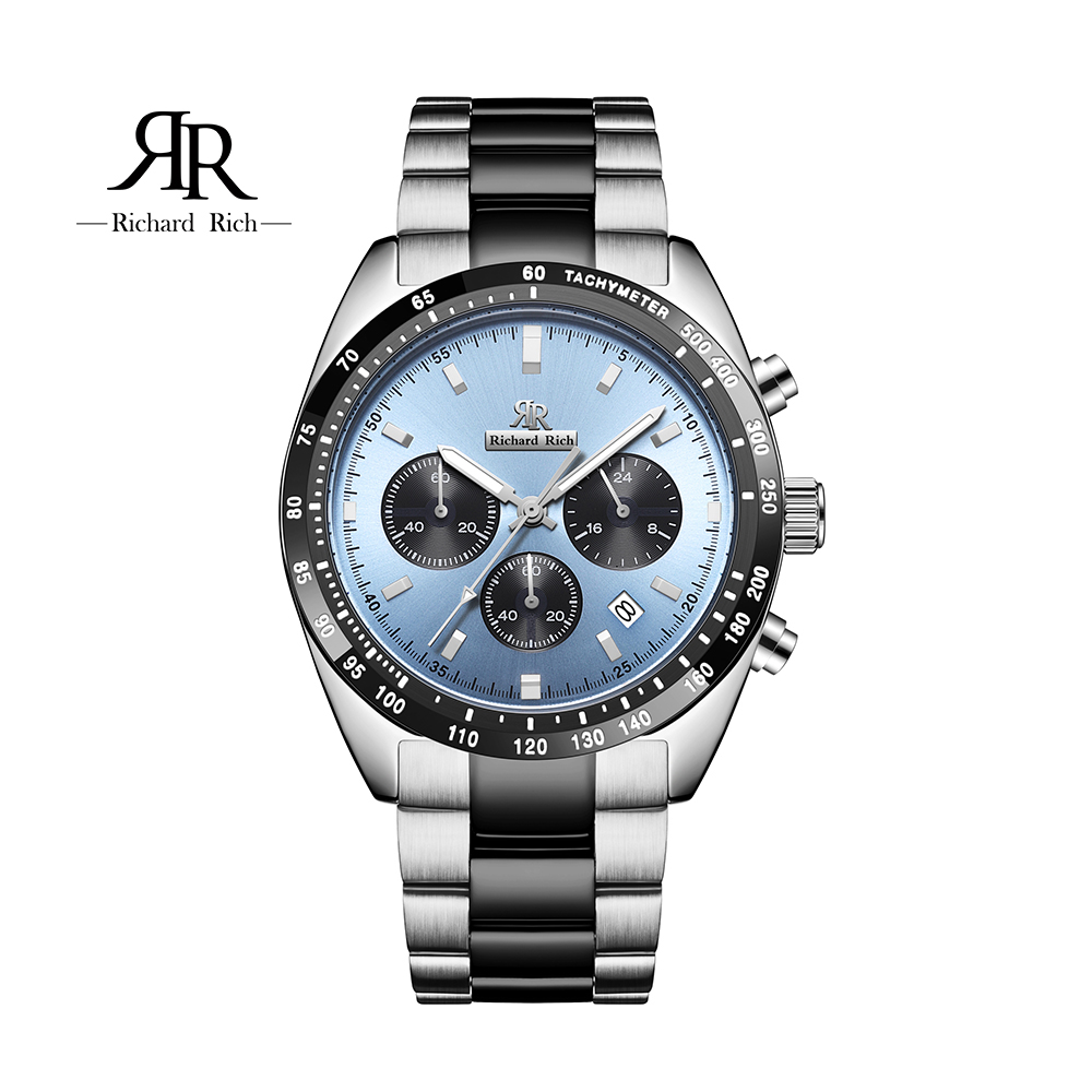 【Richard Rich】愛時 RR 星際霸主系列-銀黑帶藍面三眼三針陶瓷圈隕石面不鏽鋼腕錶 RCR-19