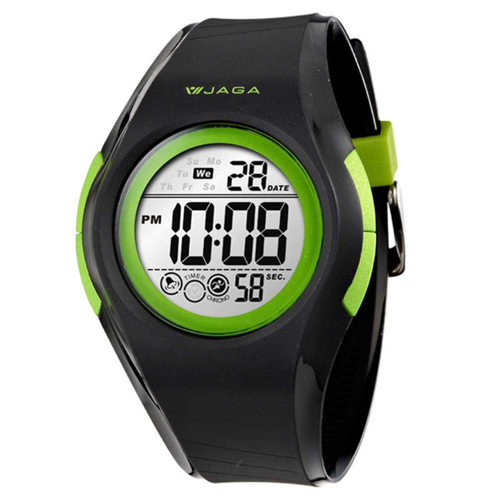 【JAGA 捷卡】【WANgT】多功能螢光色兩地時間鬧鈴報時碼錶冷光防水運動電子錶 M984-AF 黑綠