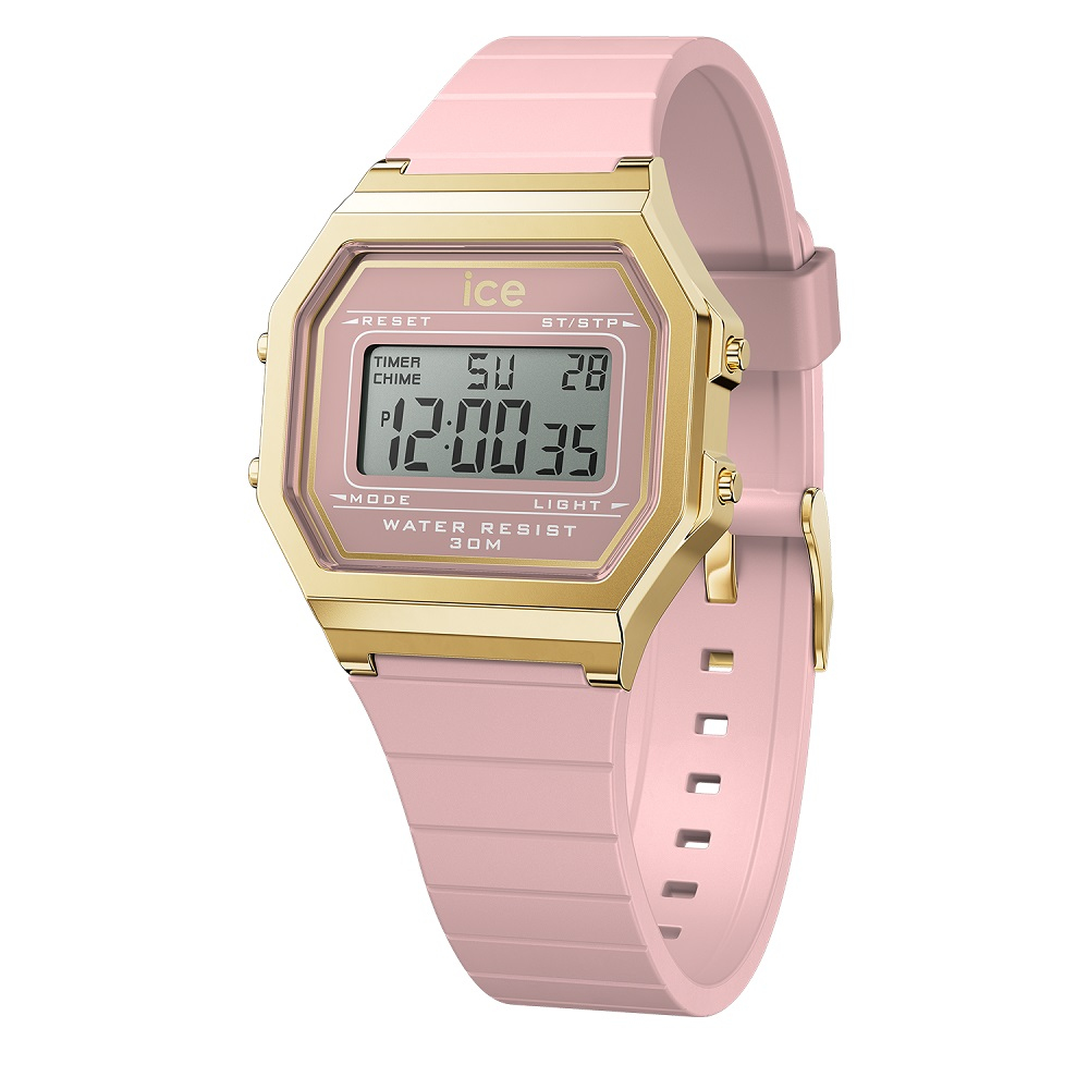 【Ice Watch】ICE DIGIT RETRO系列 復古金框矽膠電子錶 32mm-粉紅色