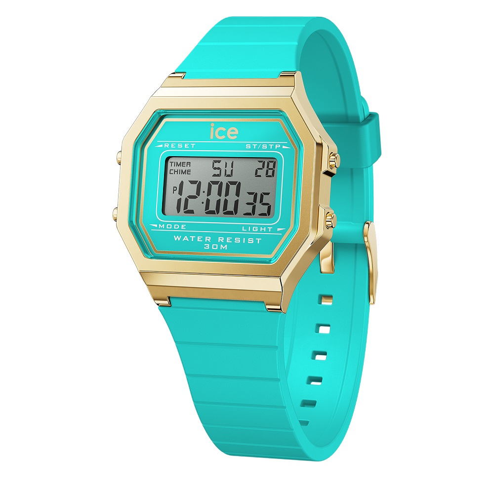 【Ice Watch】ICE DIGIT RETRO系列 復古金框矽膠電子錶 32mm-藍綠色