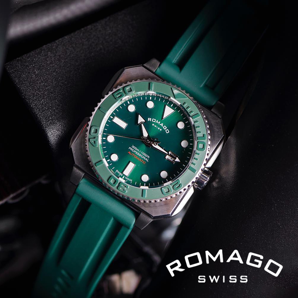 ROMAGO 雷米格 專業深潛者300系列 RM109-SVGR 綠水鬼機械錶 八角 日期顯示 潛水運動型腕錶