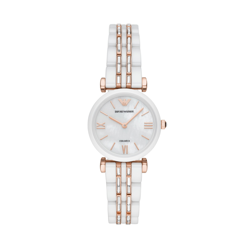 EMPORIO ARMANI高貴質感白金陶瓷腕錶28mm(AR70004)