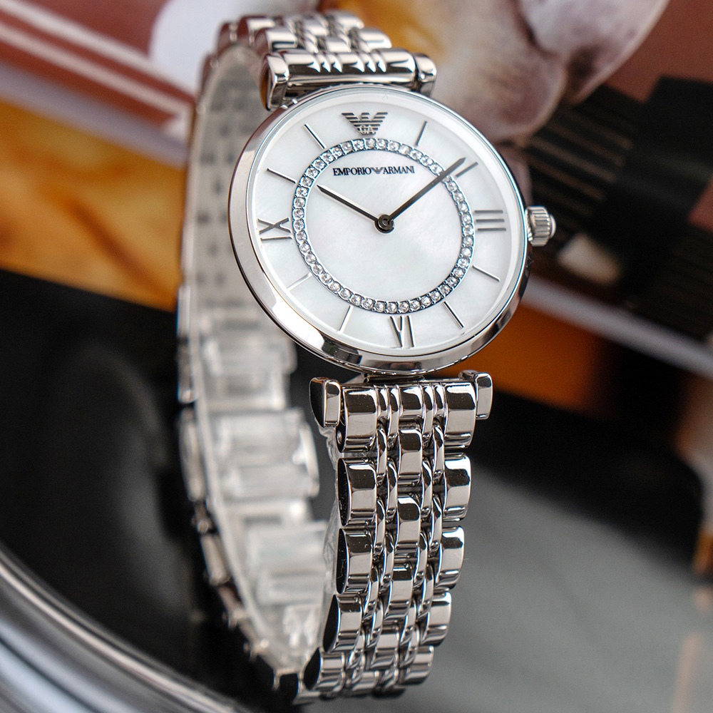 【ARMANI】亞曼尼 公司貨 Gianni T-bar 銀色閃耀珍珠貝不鏽鋼腕錶/銀x白面(AR1908)
