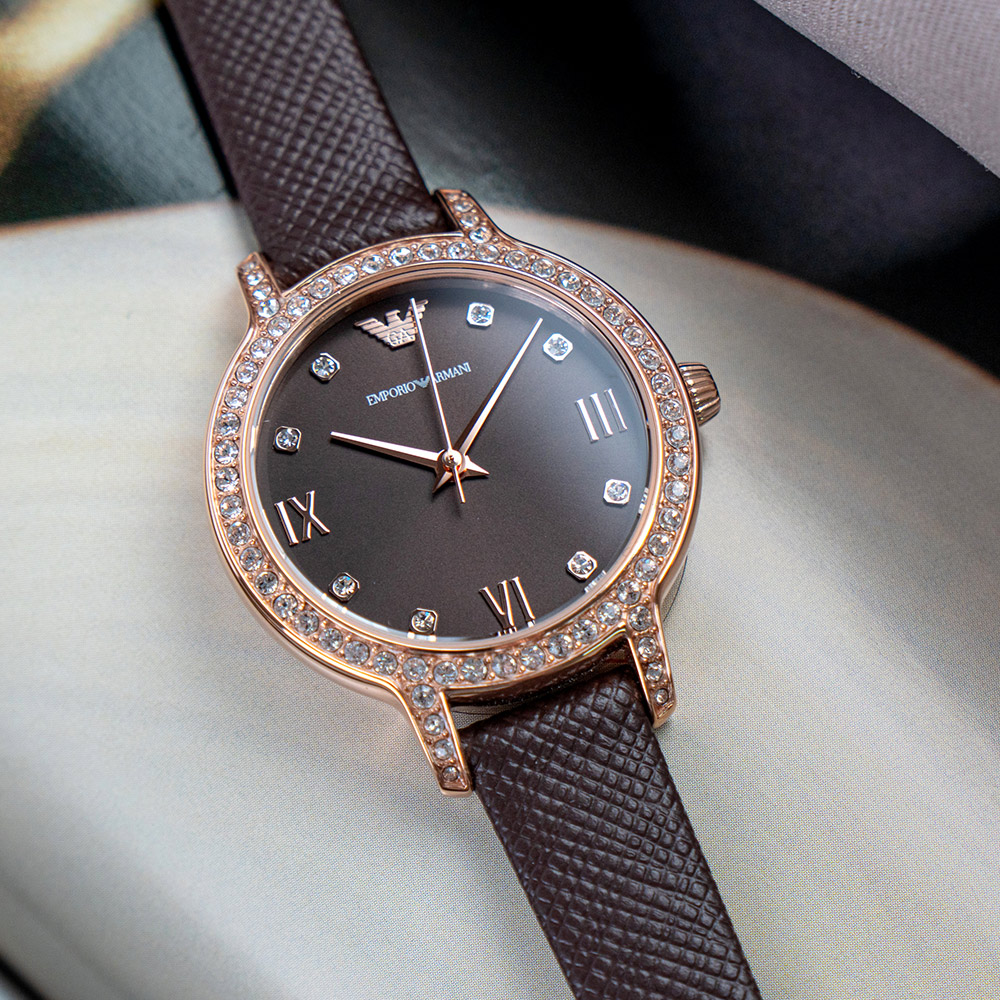 【EMPORIO ARMANI】亞曼尼 公司貨 華麗典雅皮革腕錶/深棕x玫瑰金框(AR11555)