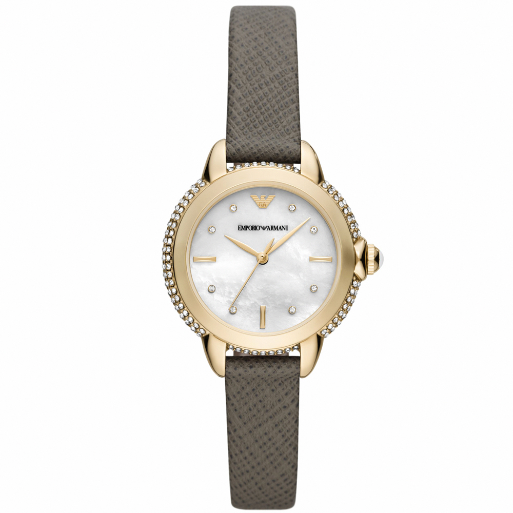 【EMPORIO ARMANI】亞曼尼 公司貨 Mia 華麗典雅珍珠貝皮革腕錶/深灰x香檳金框(AR11526)