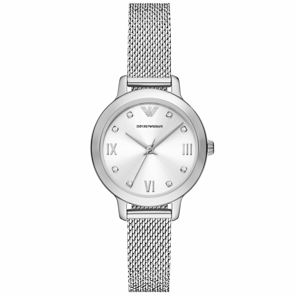 【EMPORIO ARMANI】亞曼尼 公司貨 Cleo 簡約典雅不鏽鋼米蘭腕錶/銀(AR11584)