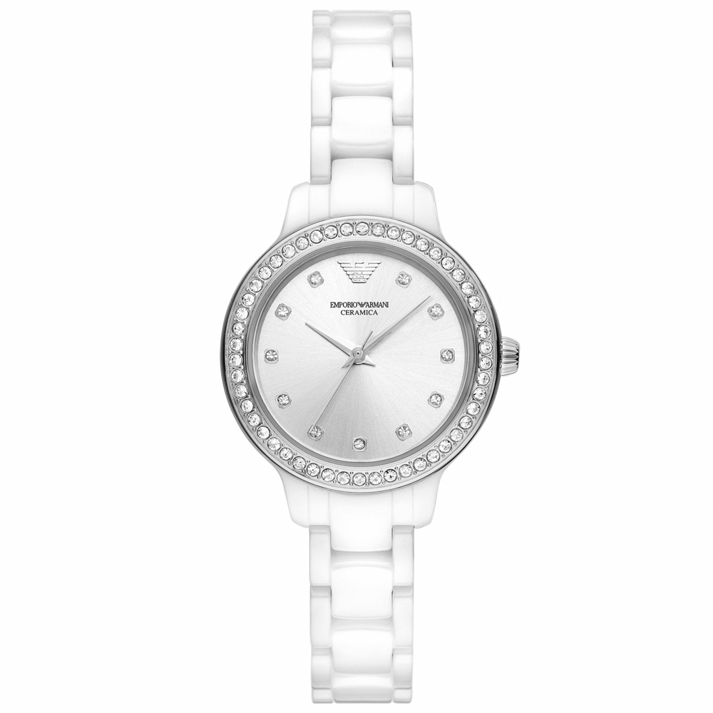 【EMPORIO ARMANI】亞曼尼 公司貨 Cleo 雪白風華陶瓷腕錶/白x銀面(AR70013)