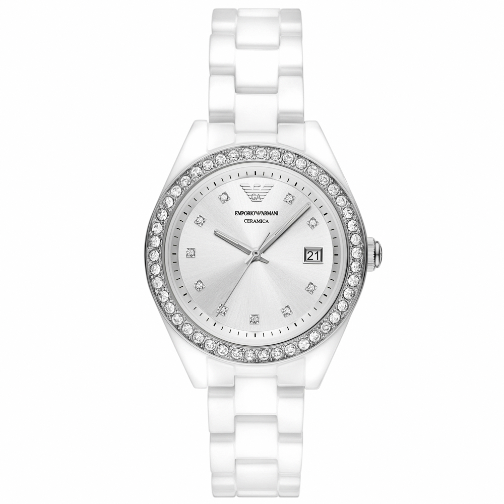 【EMPORIO ARMANI】亞曼尼 公司貨 Leo 清新雅緻陶瓷腕錶/白x銀面(AR70014)