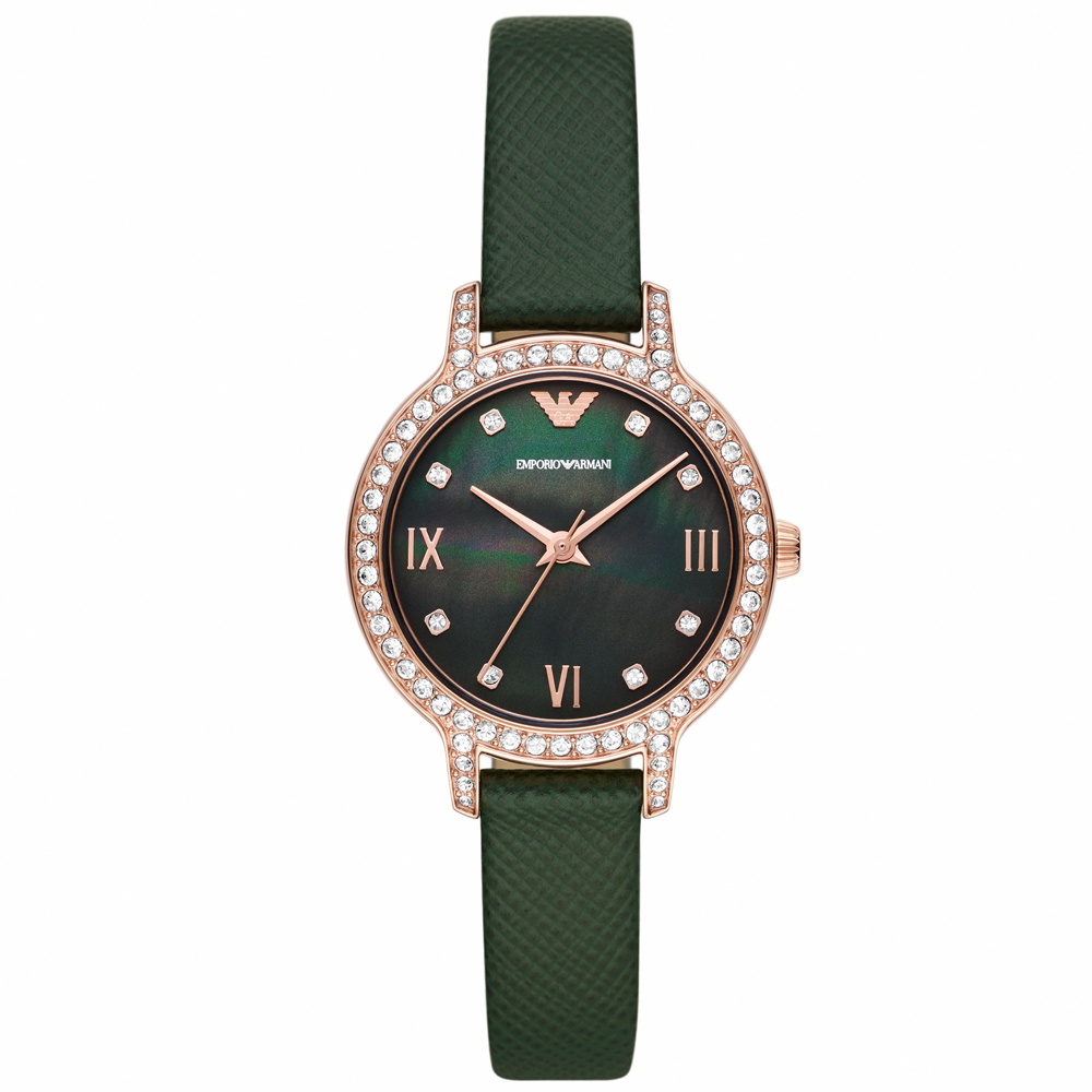 【EMPORIO ARMANI】亞曼尼 公司貨 Cleo 森林女王皮革腕錶/綠x玫瑰金框(AR11577)