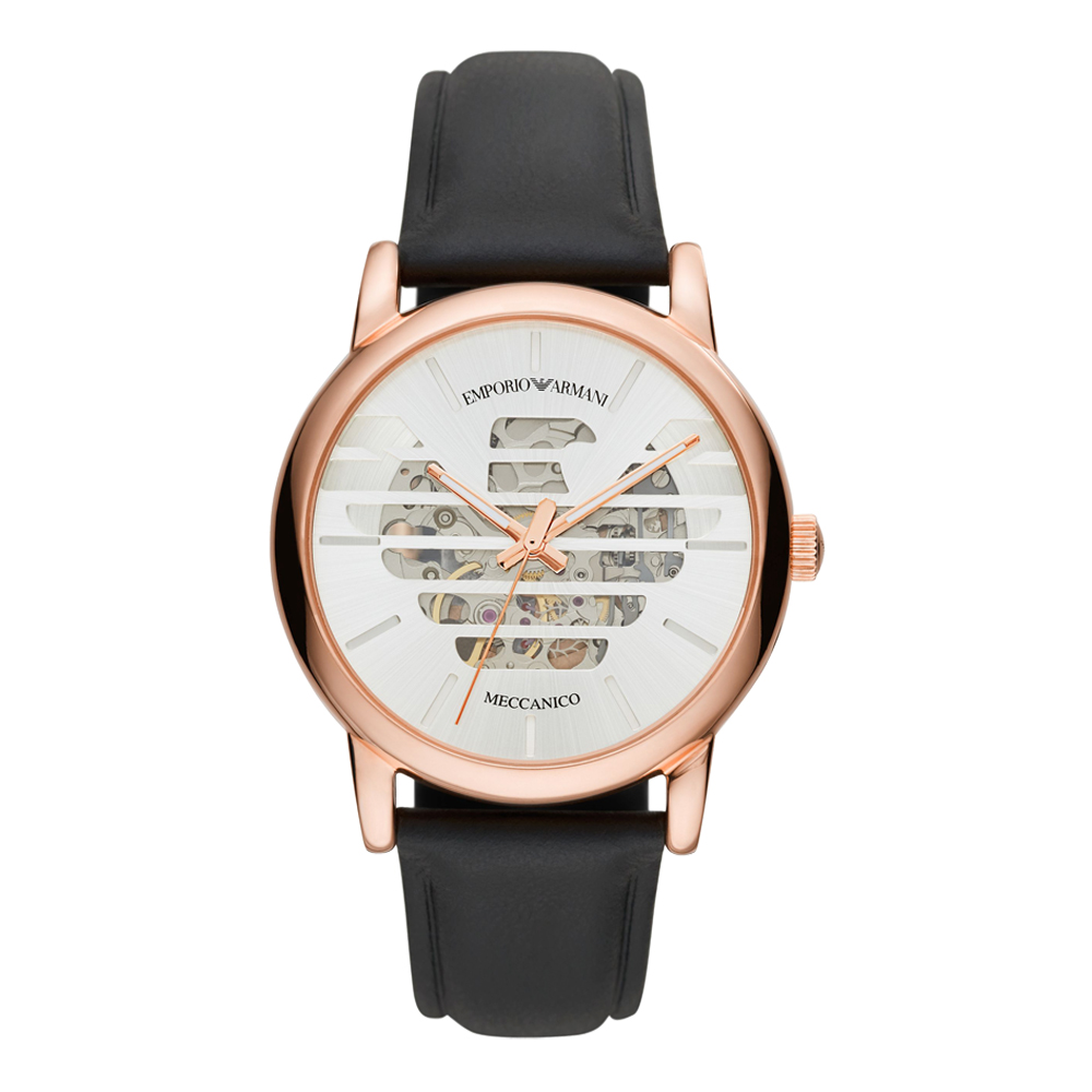 EMPORIO ARMANI Meccanico系列王者之風機械腕錶-玫瑰金X黑皮帶
