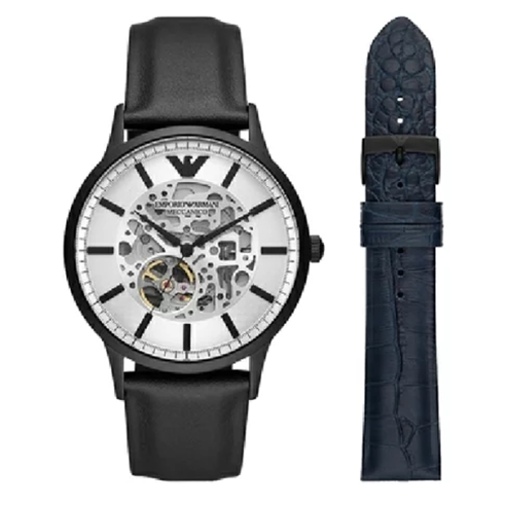 EMPORIO ARMANI機械手錶套組黑色x深藍色皮革錶帶43MM/AR80060