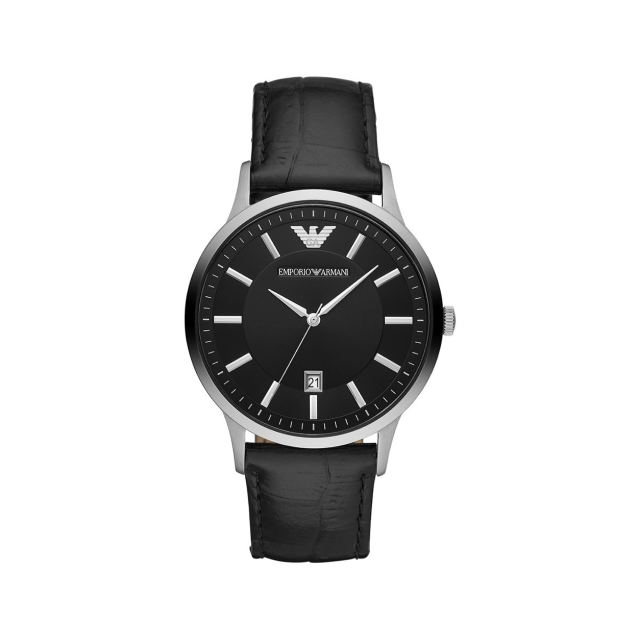 【Emporio Armani】美式經典優雅紳士簡約真皮腕錶-成熟黑/AR11186