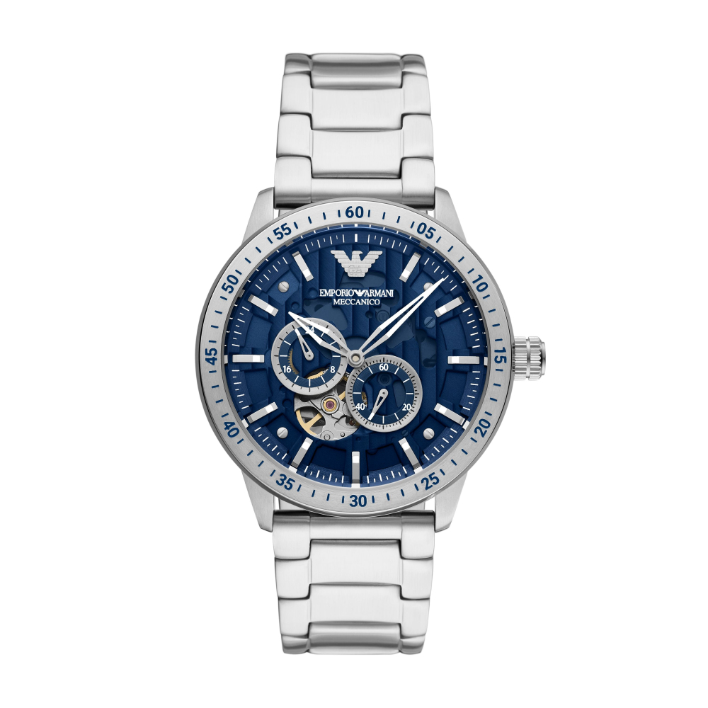 EMPORIO ARMANI MRRIO經典鏤空藍面機械腕錶43mm(AR60052)