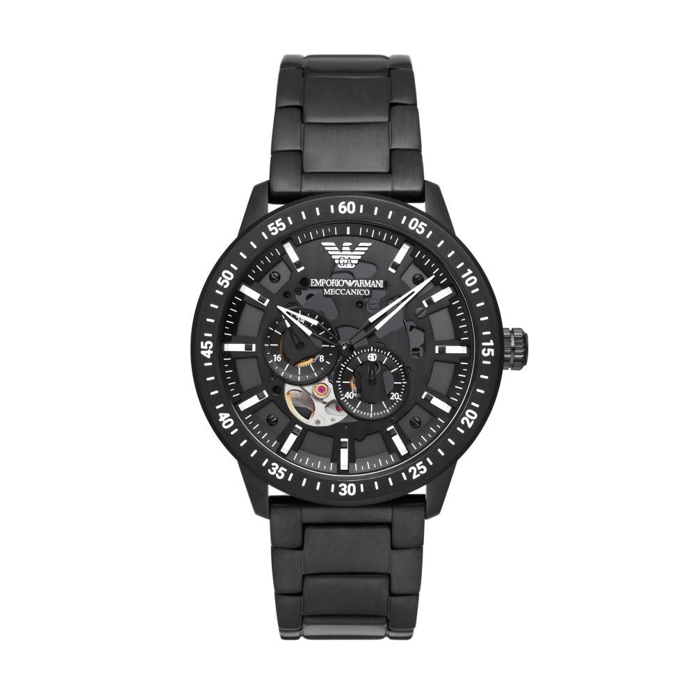 EMPORIO ARMANI MRRIO經典鏤空黑鋼機械腕錶43mm(AR60054)