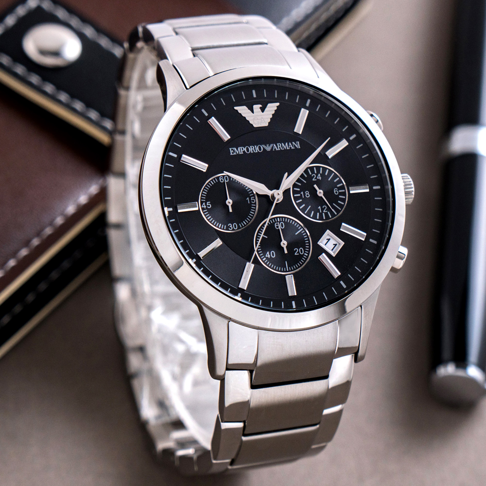 【ARMANI】亞曼尼 公司貨 威震天下三眼計時時尚不鏽鋼腕錶/銀x黑面(AR2434)