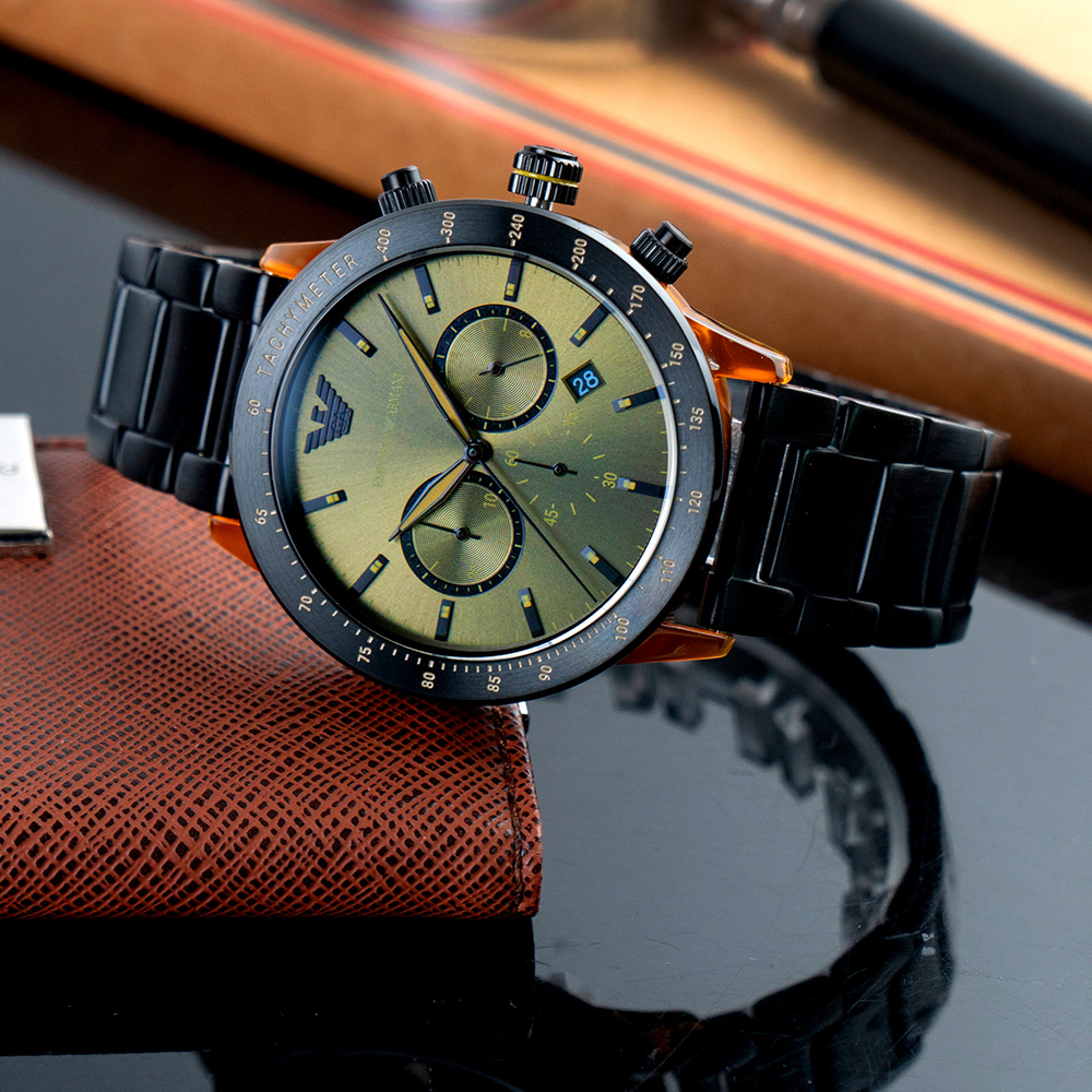 【ARMANI】亞曼尼 公司貨 引領風潮三眼計時不鏽鋼腕錶/黑x綠面(AR11548)