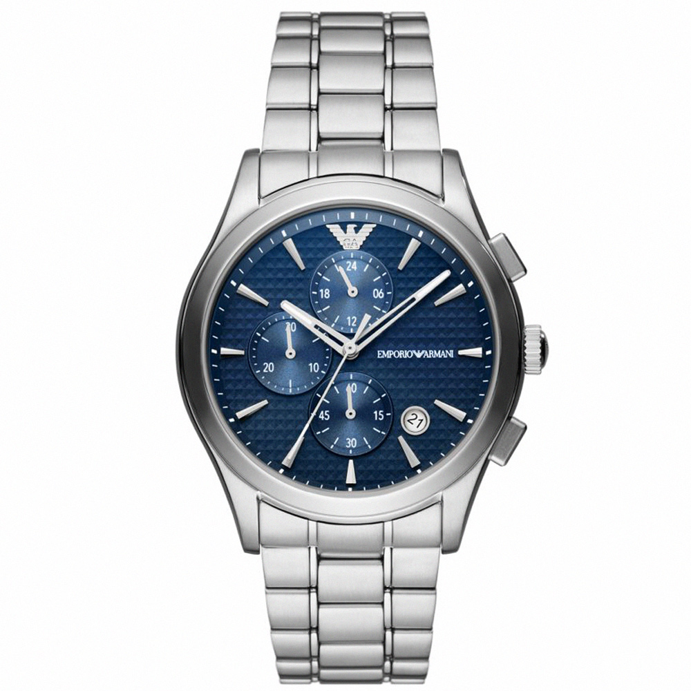 【ARMANI】亞曼尼 公司貨 紳士品味三眼計時不鏽鋼腕錶/銀x藍面(AR11528)