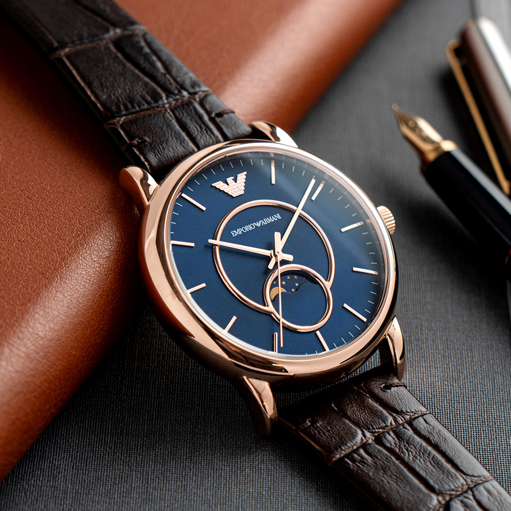 【EMPORIO ARMANI】亞曼尼 公司貨 精緻簡約皮革腕錶/咖x藍面(AR11566)