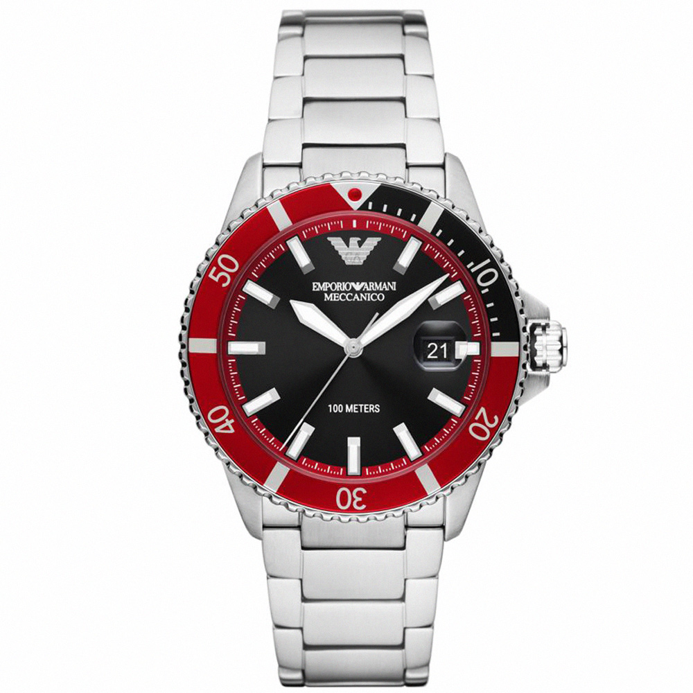 【EMPORIO ARMANI】亞曼尼 公司貨 海浪征服者不鏽鋼機械錶/銀x黑紅框(AR60074)