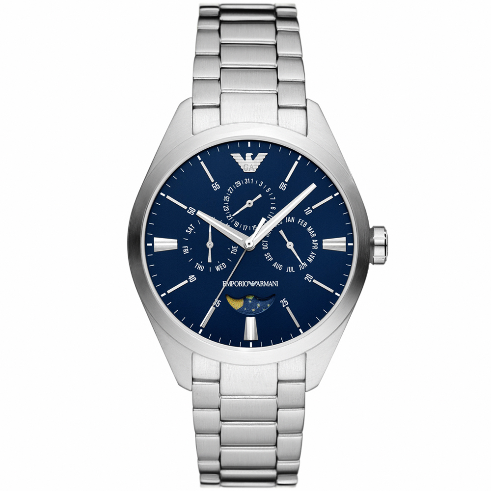 【EMPORIO ARMANI】亞曼尼 公司貨 Claudio 都會紳士三眼不鏽鋼腕錶/銀x藍面(AR11553)