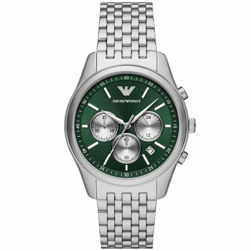 【EMPORIO ARMANI】亞曼尼 公司貨 Antonio 紳士之選三眼計時不鏽鋼腕錶/銀x綠面(AR11581)