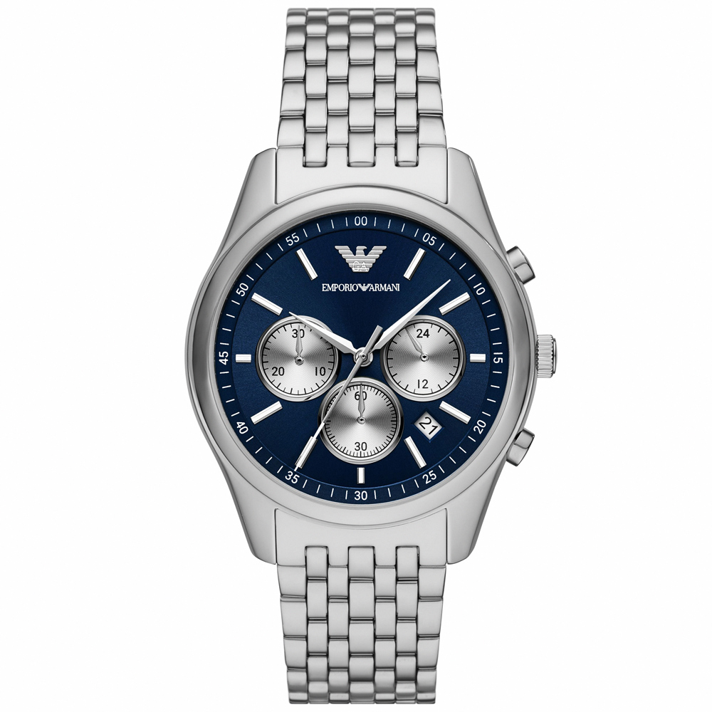 【EMPORIO ARMANI】亞曼尼 公司貨 Antonio 紳士風度三眼計時不鏽鋼腕錶/銀x藍面(AR11582)