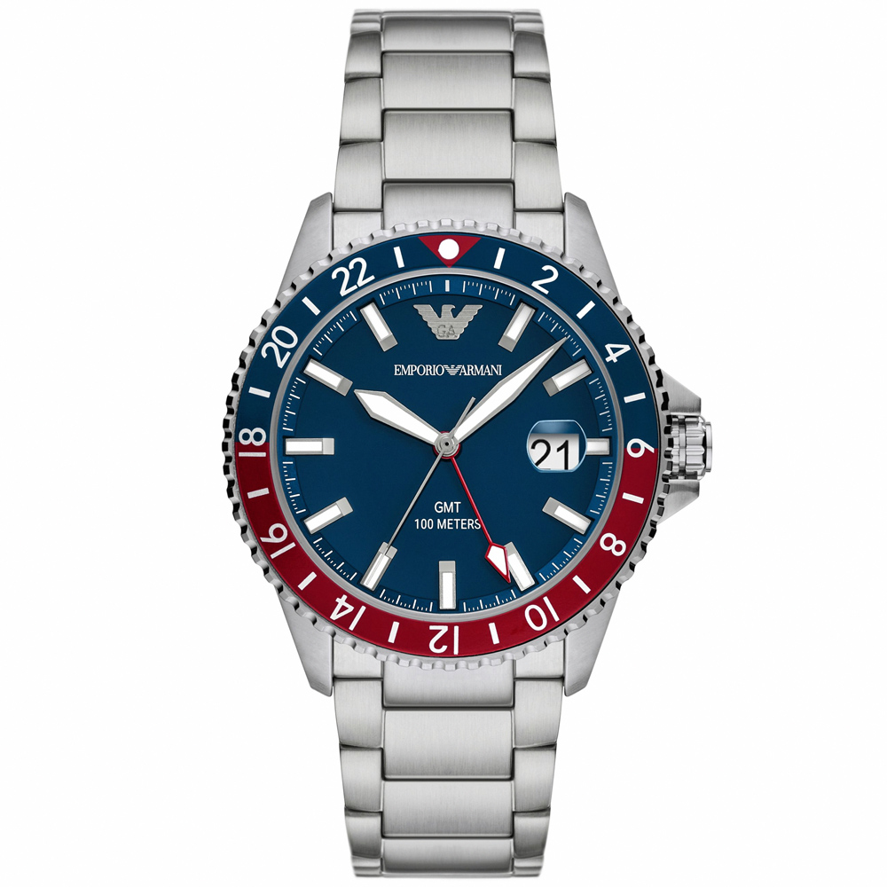 【EMPORIO ARMANI】亞曼尼 公司貨 Diver 時尚潮流潛水風不鏽鋼腕錶/銀x藍紅框(AR11590)