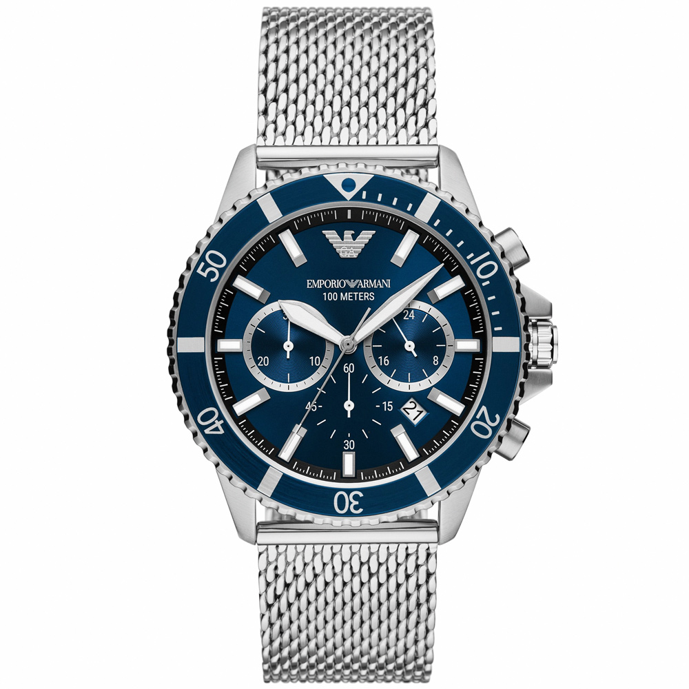 【EMPORIO ARMANI】亞曼尼 公司貨 Diver 湛藍潛水風三眼計時不鏽鋼米蘭腕錶/銀x藍面(AR11587)