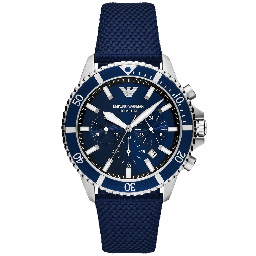 【EMPORIO ARMANI】亞曼尼 公司貨 Diver 時尚潛水風三眼計時尼龍腕錶/藍x銀框(AR11588)
