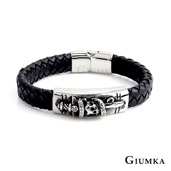 GIUMKA 骷髏之劍白鋼皮革手環 兩色任選 MB08006