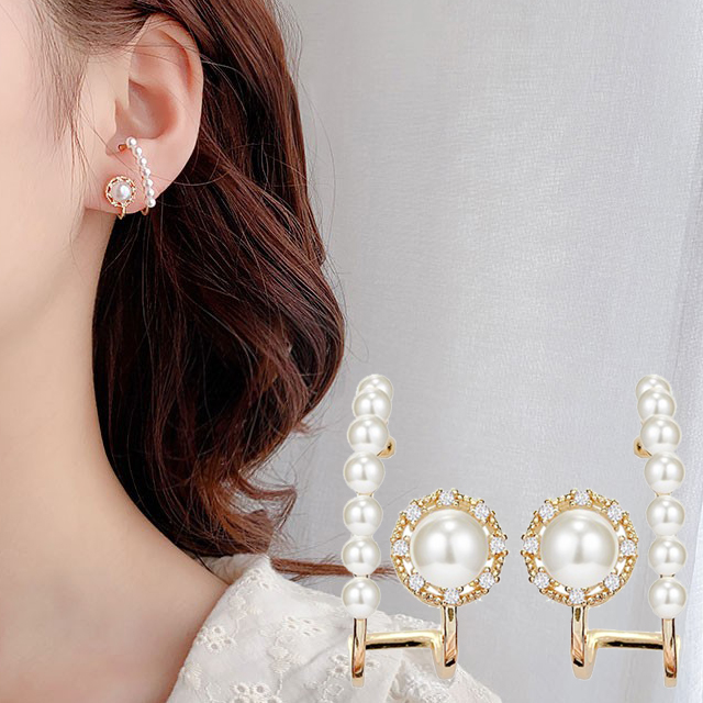 Charme 韓國流行時尚 復古圈圈造型仿珠水晶鑽耳掛+耳針款耳環
