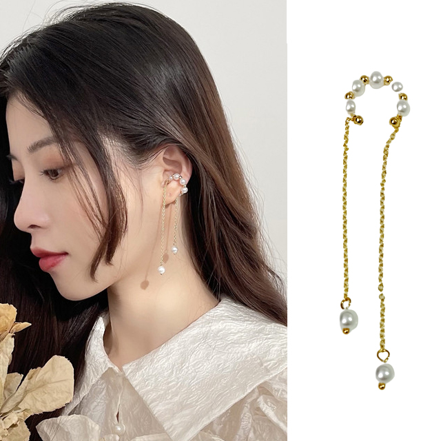 Charme 韓國新品 時尚仿珍珠金珠垂墜長鍊條造型耳骨夾