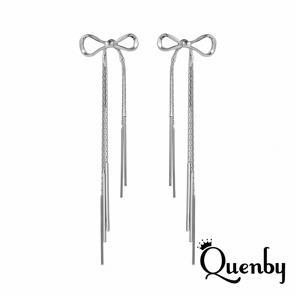 Quenby 925純銀 小眾設計感蝴蝶結長流蘇耳環/耳針