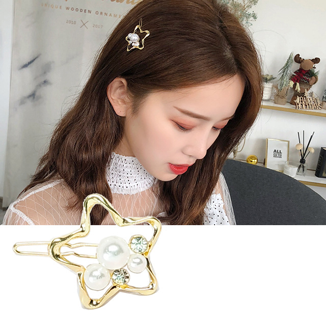 Charme 韓國流行 扭扭造型水鑽仿珠 鏤空髮夾 金色五角星