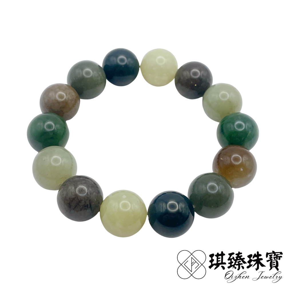 琪臻珠寶 天然和田玉多寶圓珠手珠手串(15mm圓珠 和闐玉 多寶玉石 隨機出貨)