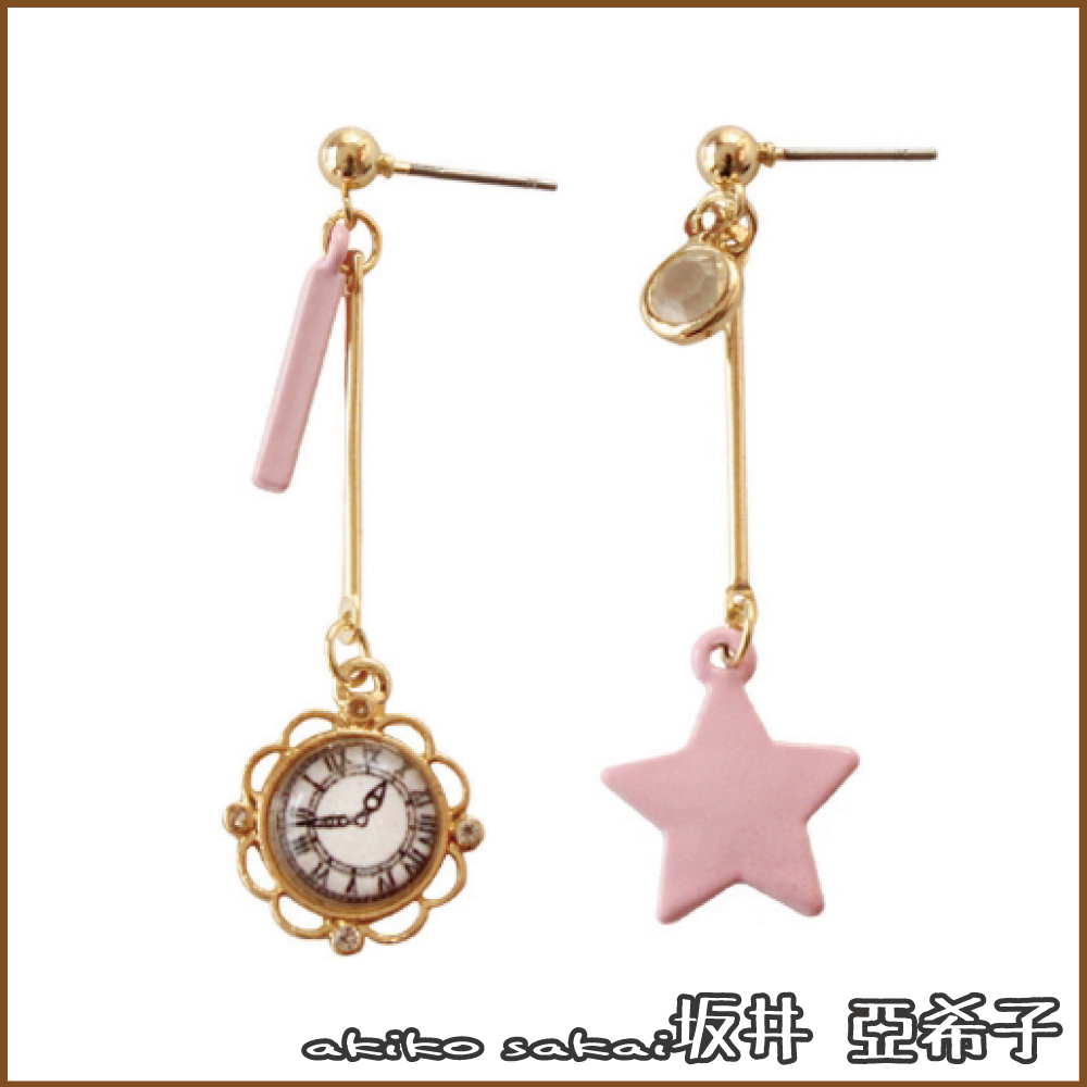 『坂井．亞希子』日系星星鐘錶造型精緻長款鑲鑽耳環