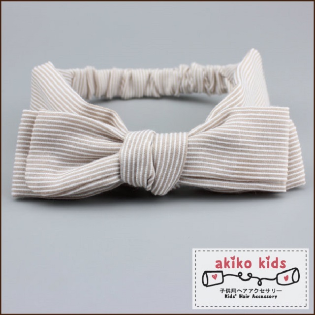 【akiko kids】可愛蝴蝶結造型棉麻布料0.3-18個月寶寶髮帶 -米白條紋