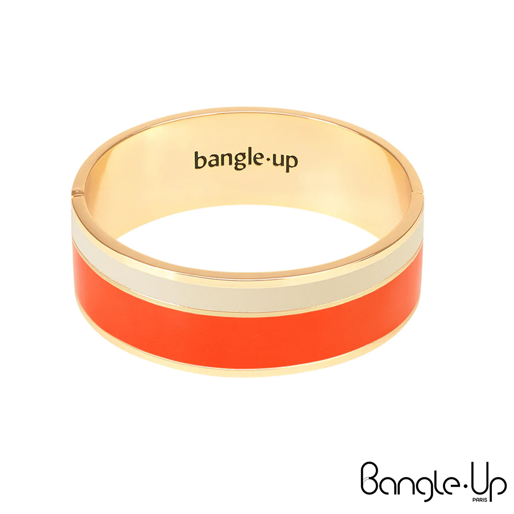 【法國 Bangle Up】經典條紋印花琺瑯鍍金手環-橘白