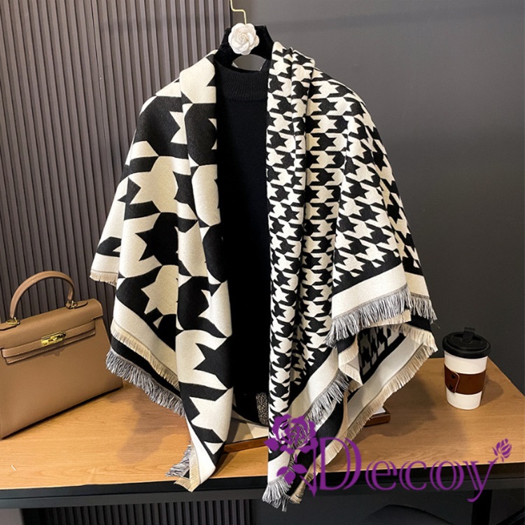 【Decoy】 經典格紋 秋冬加厚保暖奢華雙面披肩圍巾/黑色