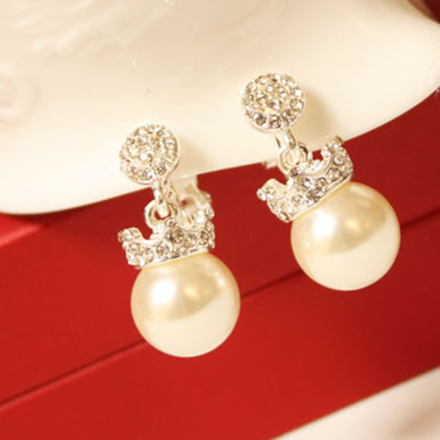 黃冠珍珠自信水鑽韓風流行耳夾式耳環