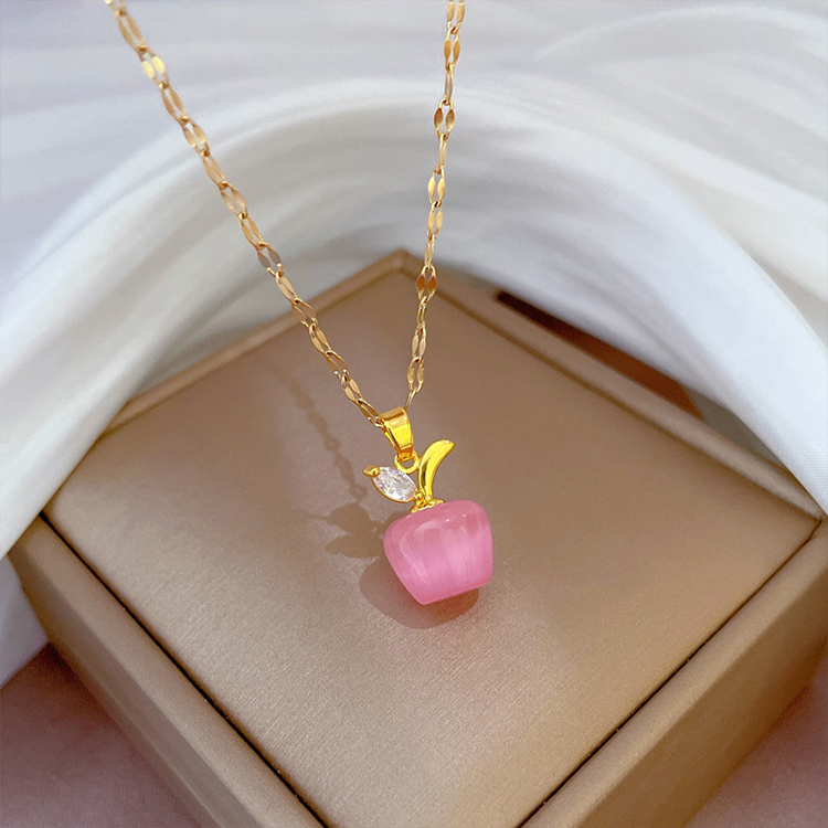 【ANGEL】清甜蘋果微透貓眼石水鑽時尚項鍊(3色可選)