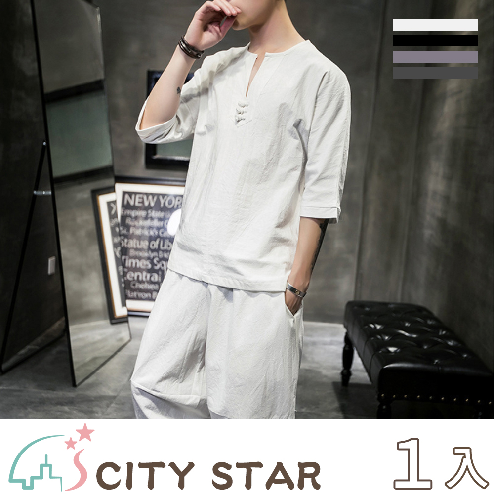 【CITY STAR】古風棉麻男款休閒套裝4色(短袖+七分褲)