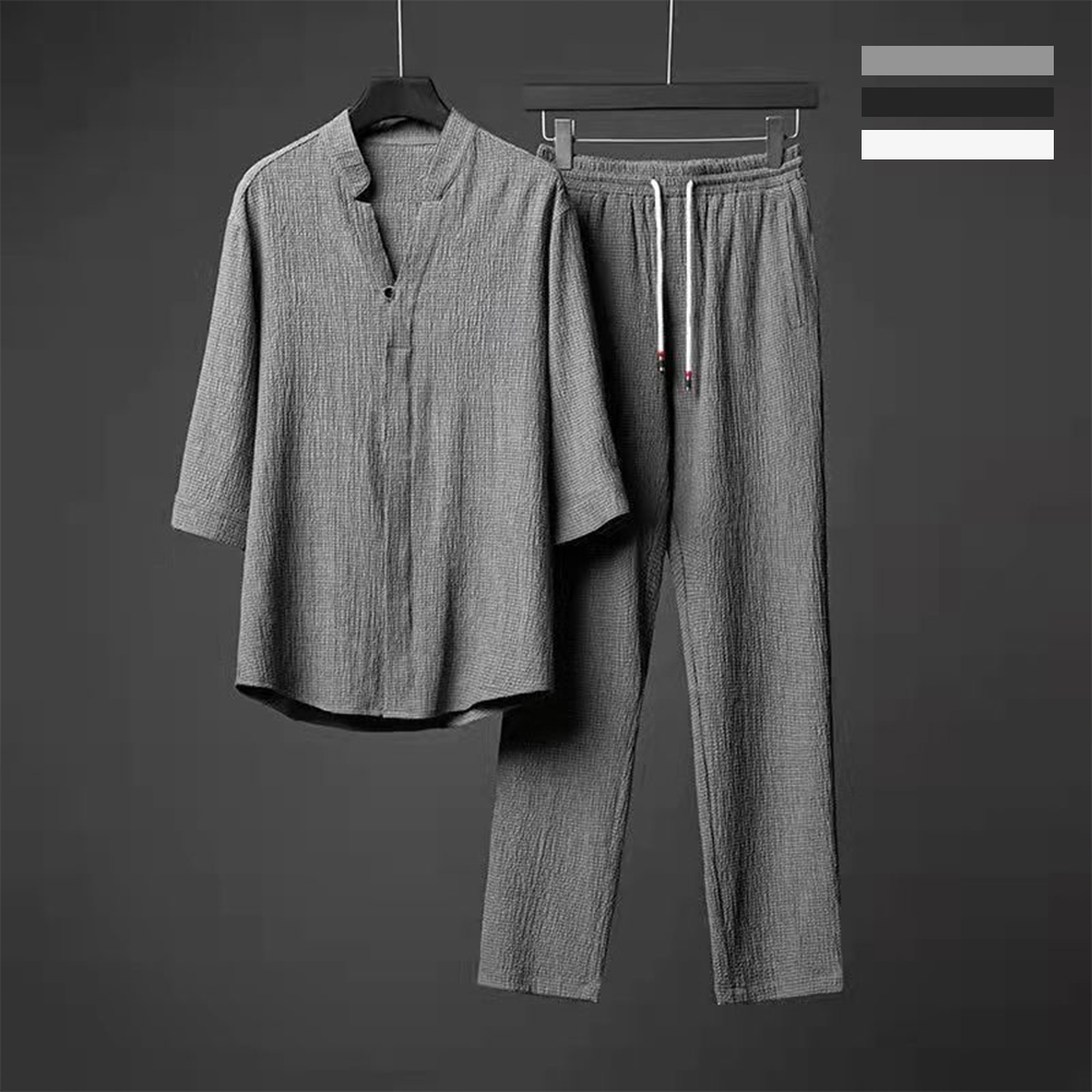 【CS22】商務紳士亞麻V領休閒套裝M-4XL(七分袖+九分褲)