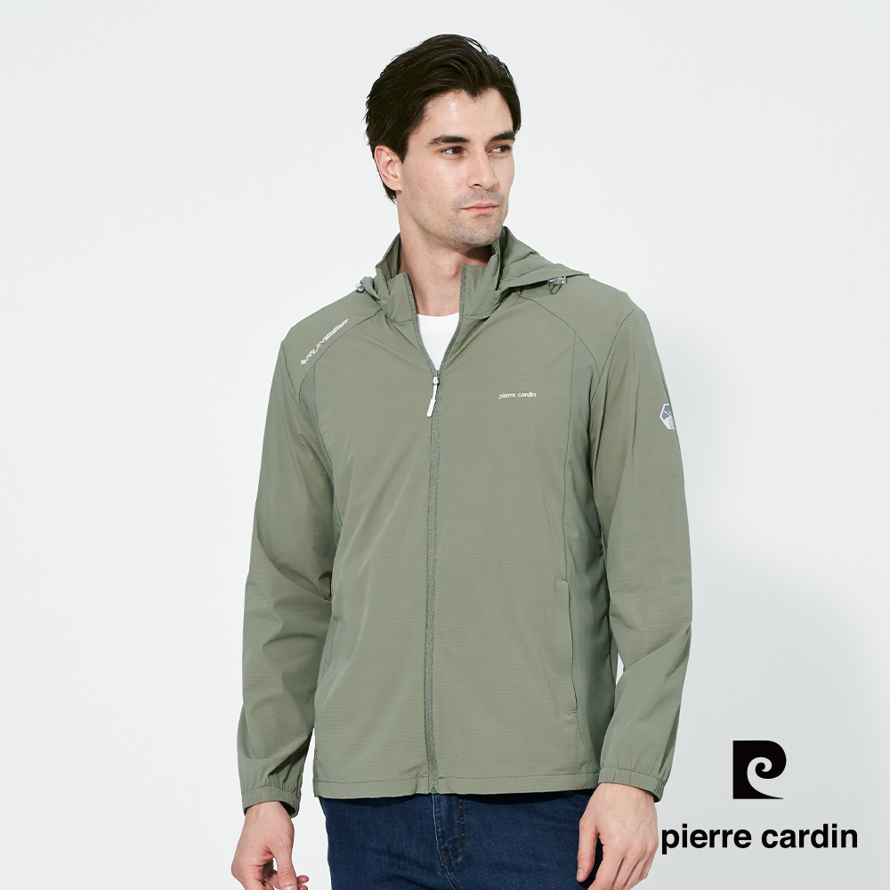 【pierre cardin 皮爾卡登】男款 涼感透氣防曬抗UV彈力可拆式連帽夾克外套-綠色 (5257691-47)