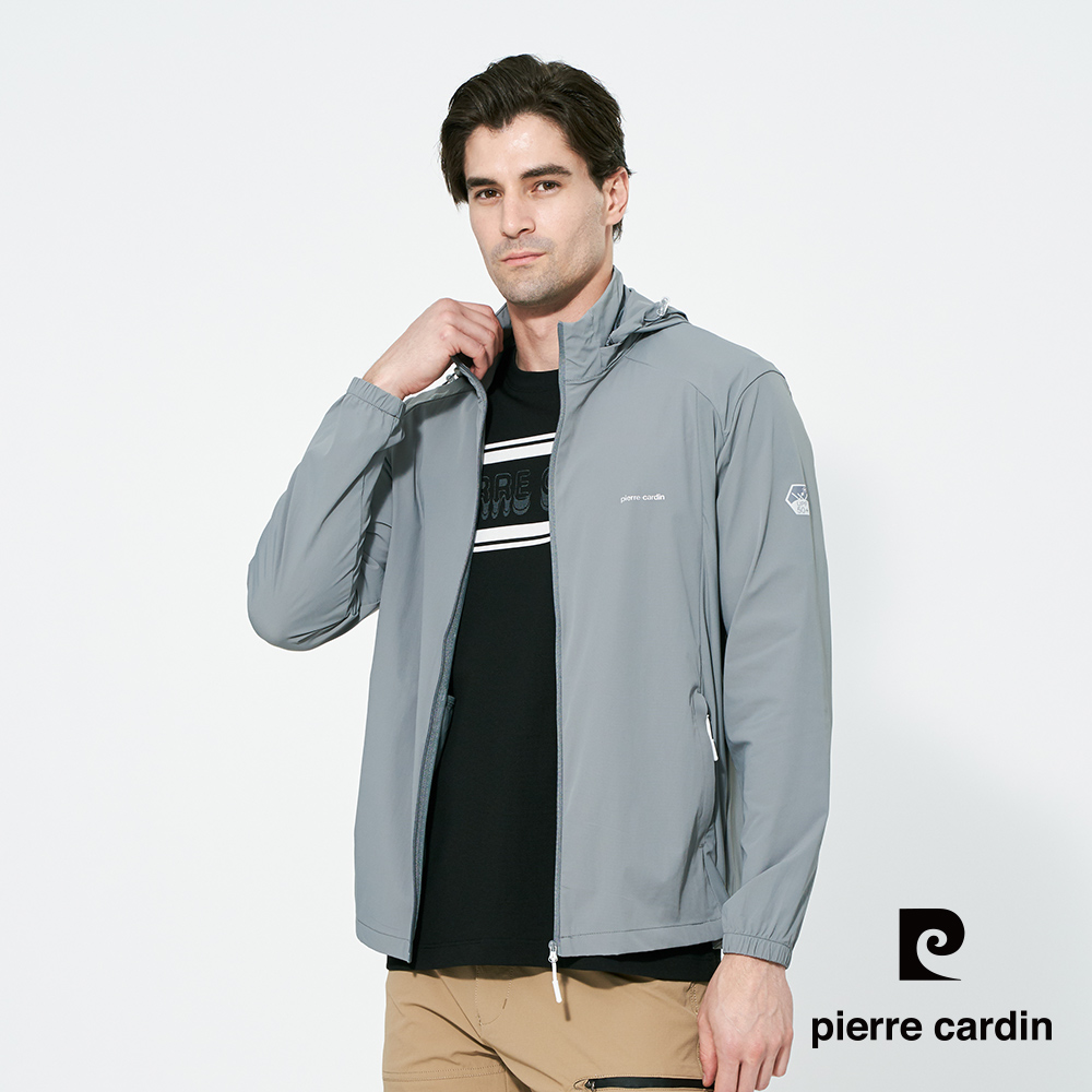 【pierre cardin 皮爾卡登】男款 涼感透氣防曬抗UV彈力可拆式連帽夾克外套-灰色 (5257691-95)
